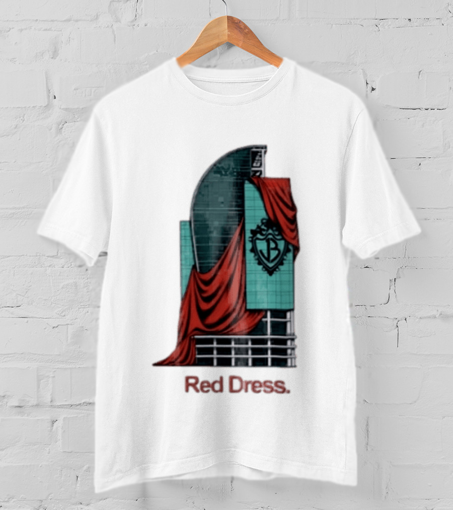 Red Dress Red Drapes Over Modern Skyscraper With Shield T-Shirt