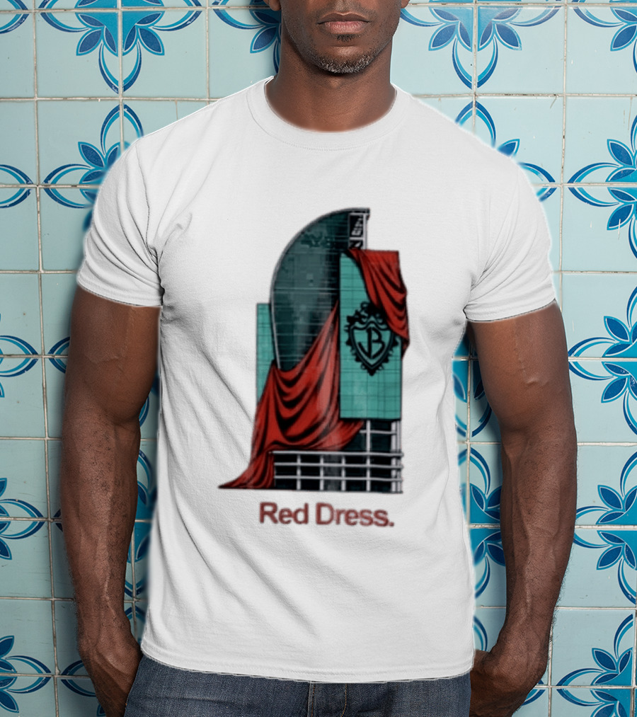 Red Dress Red Drapes Over Modern Skyscraper With Shield T-Shirt