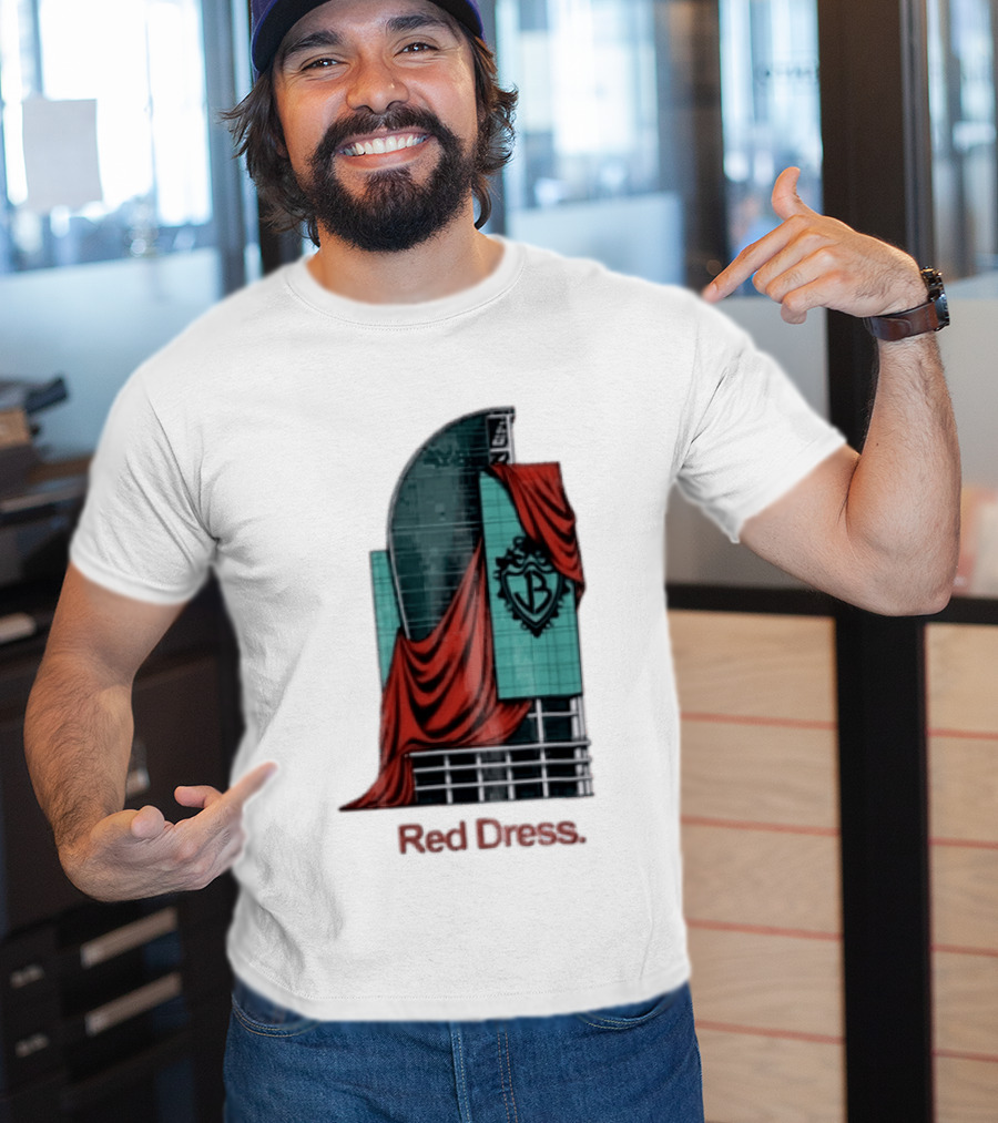 Red Dress Red Drapes Over Modern Skyscraper With Shield T-Shirt