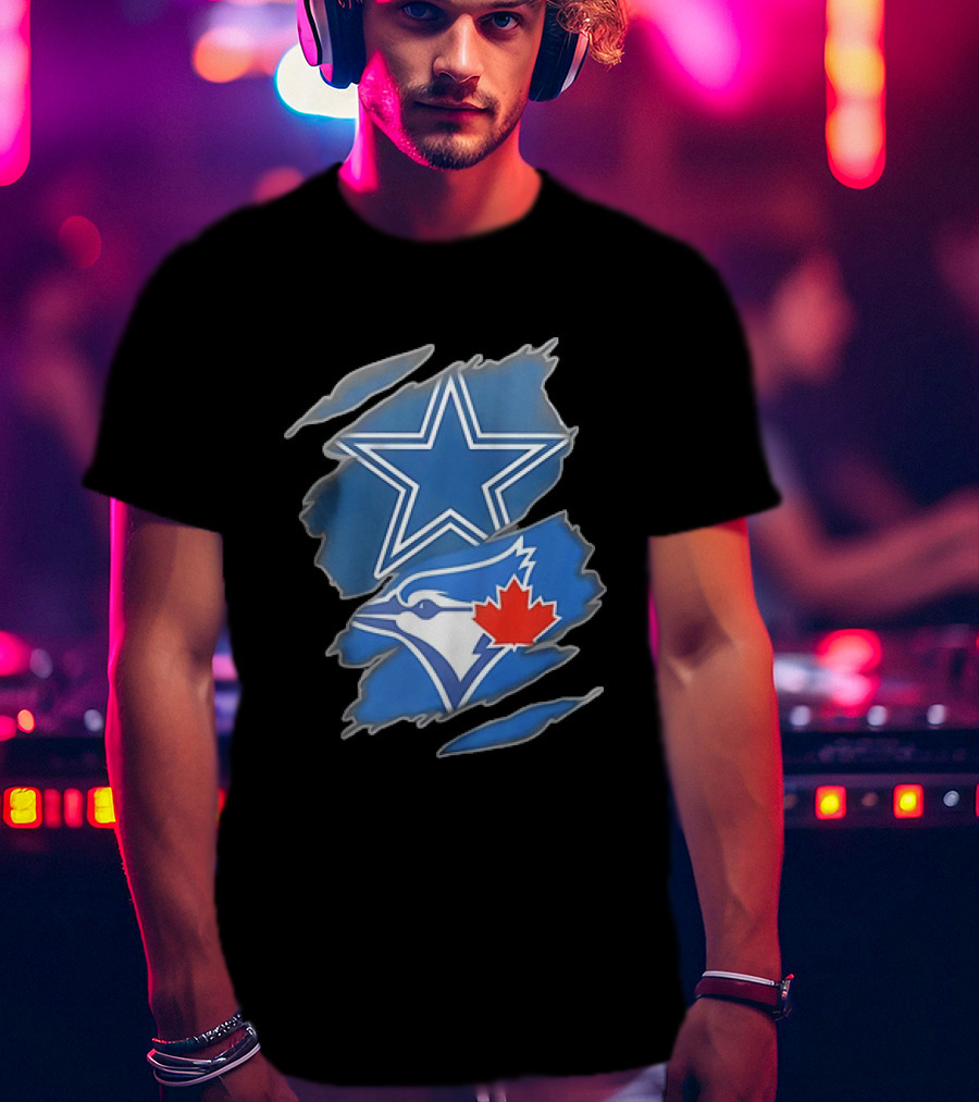 Dallas Cowboys Star And Toronto Blue Jays Jay With Maple Leaf Ripped T-Shirt