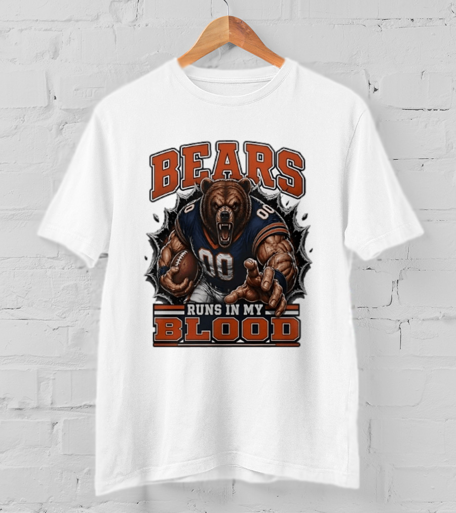Bears Runs In My Blood Football Fierce Bear Holding Ball T-Shirt