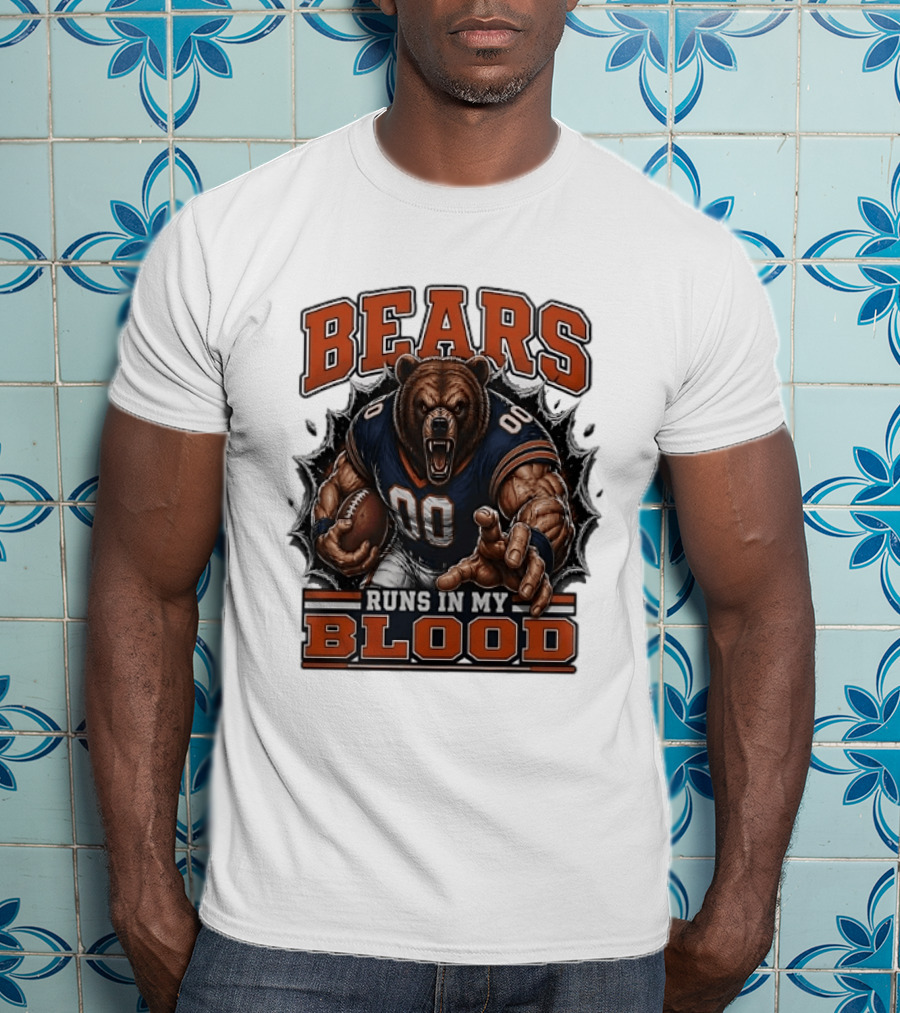Bears Runs In My Blood Football Fierce Bear Holding Ball T-Shirt