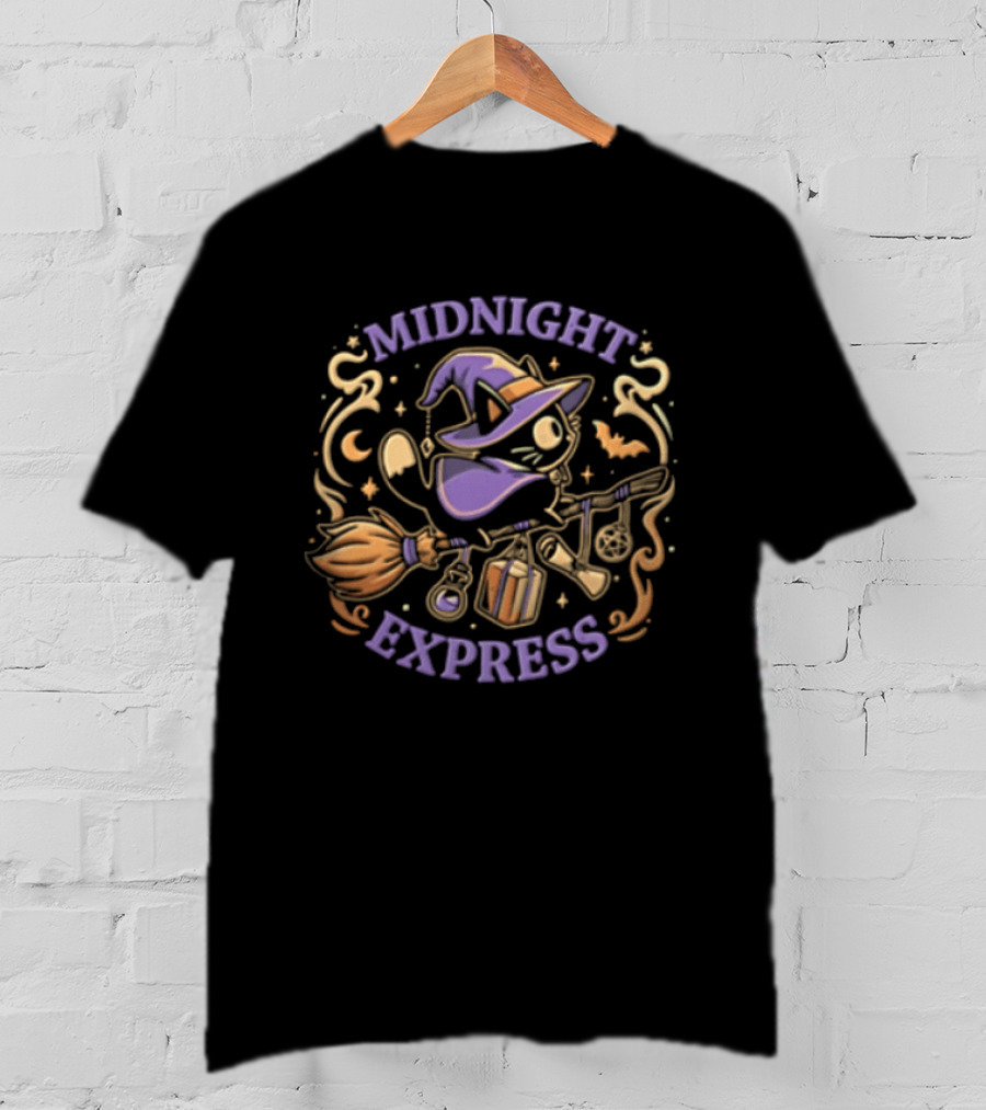 Midnight Express Cat Witch Flying On Broomstick With Potions And Bat T-Shirt