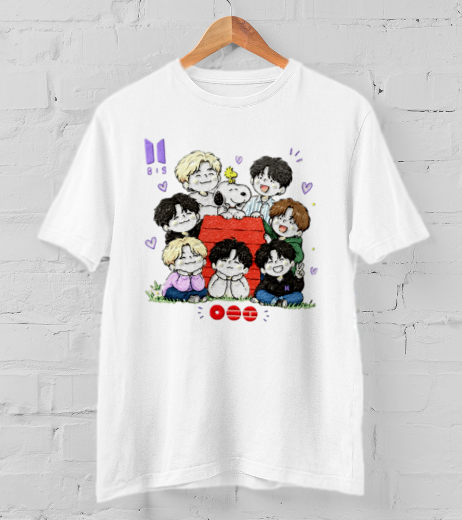 Snoopy Woodstock Peanuts BTS Members Cartoon Illustration Collaboration T-Shirt