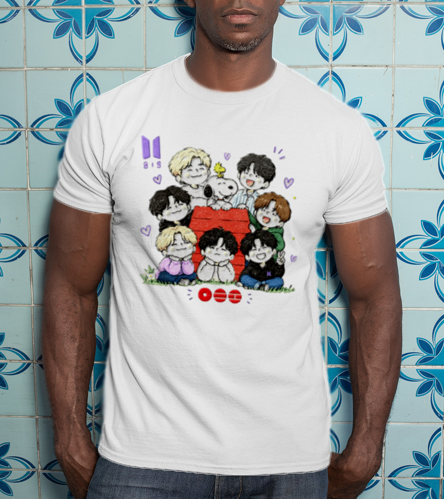 Snoopy Woodstock Peanuts BTS Members Cartoon Illustration Collaboration T-Shirt