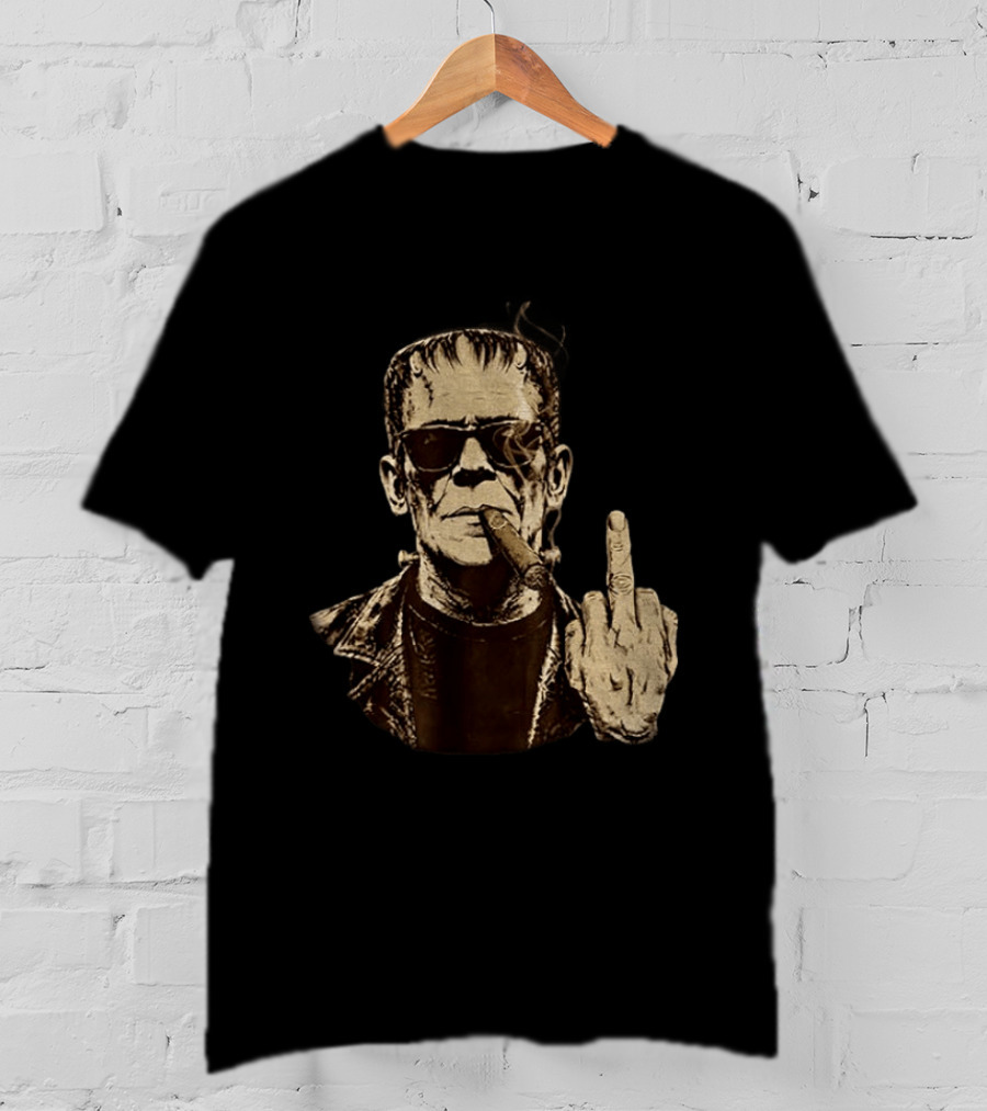 Frankenstein Cigar Middle Finger Smoking Horror Halloween T-Shirt