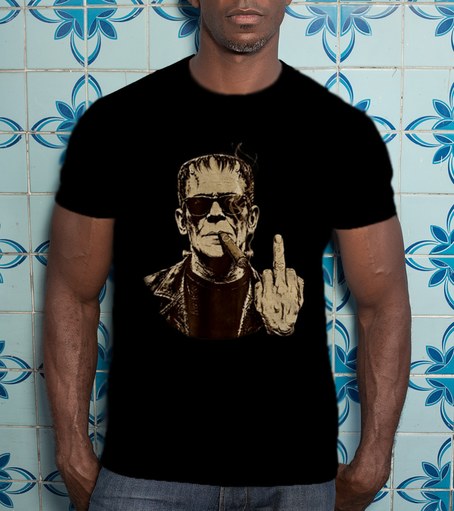 Frankenstein Cigar Middle Finger Smoking Horror Halloween T-Shirt