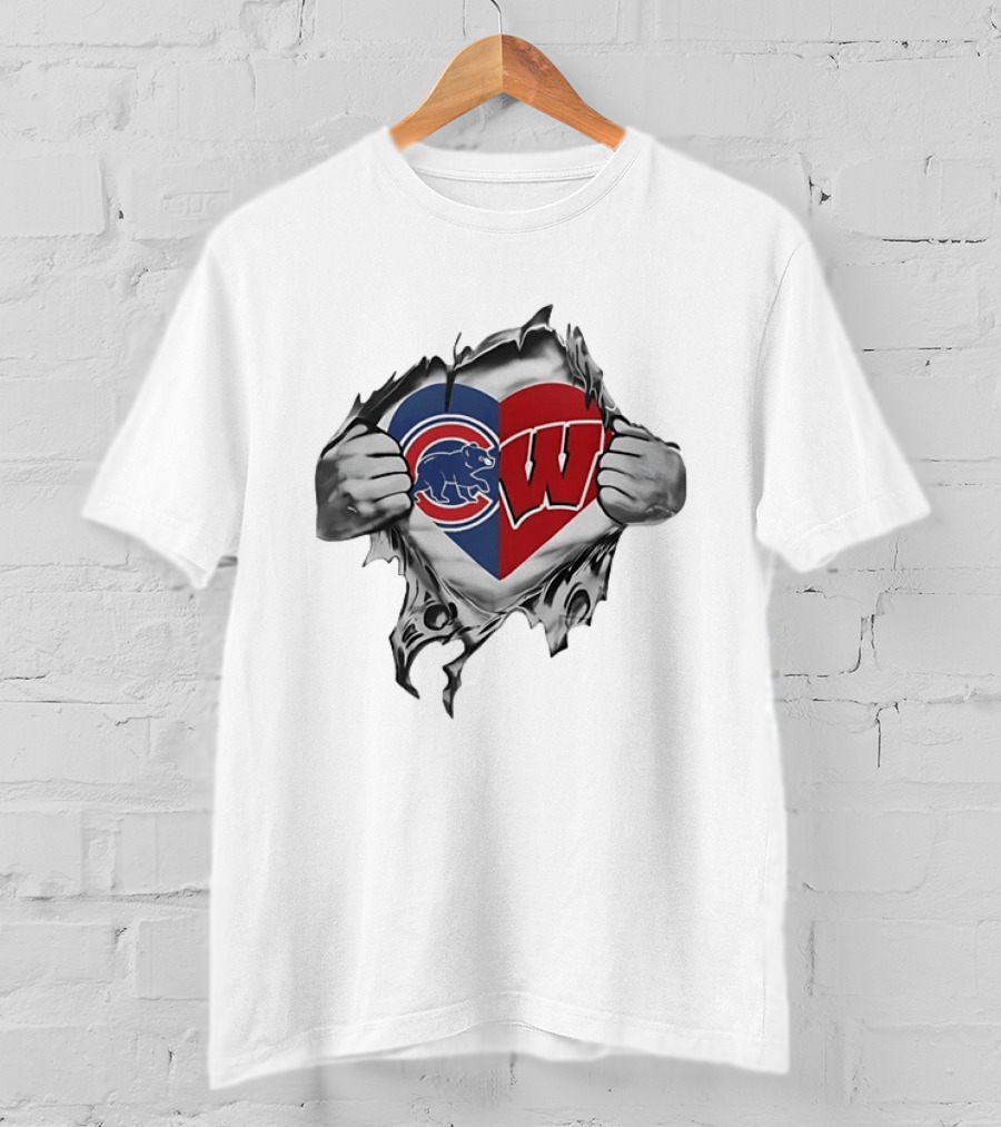 Chicago Cubs And Wisconsin Badgers Heart Rip T-Shirt