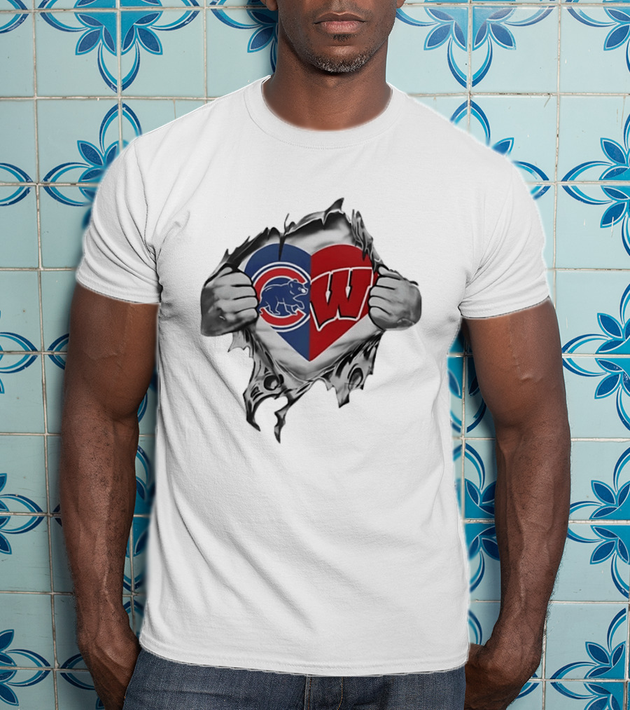 Chicago Cubs And Wisconsin Badgers Heart Rip T-Shirt