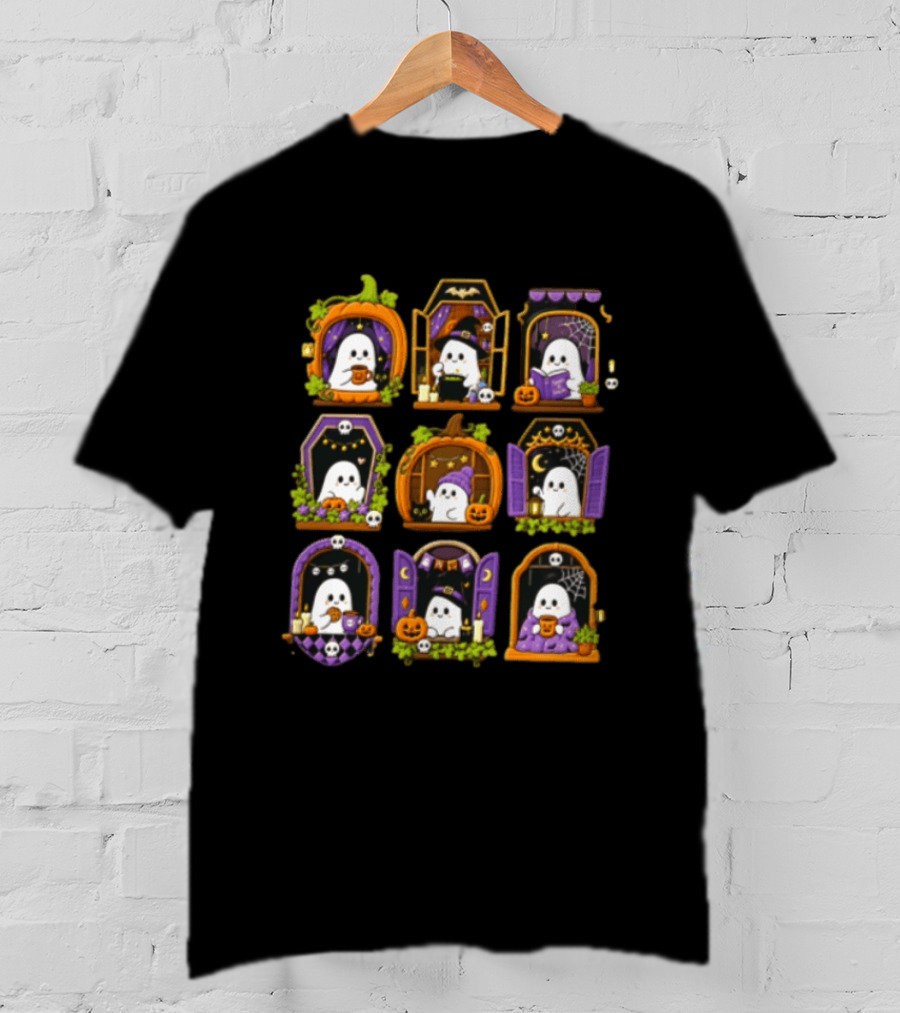 Halloween Ghost Pumpkin Witch Doors Autumn Scenes T-Shirt