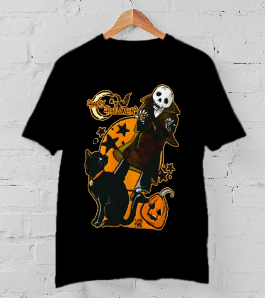 Happy Halloween Skeleton With Black Cat And Pumpkin T-Shirt