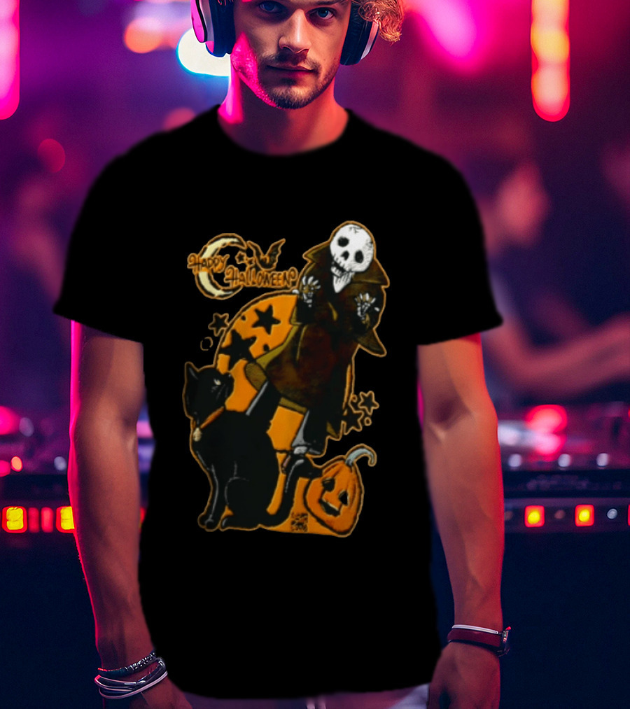 Happy Halloween Skeleton With Black Cat And Pumpkin T-Shirt