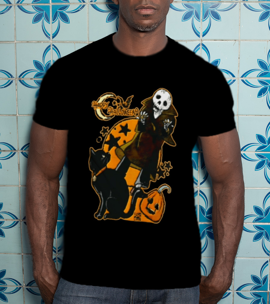 Happy Halloween Skeleton With Black Cat And Pumpkin T-Shirt