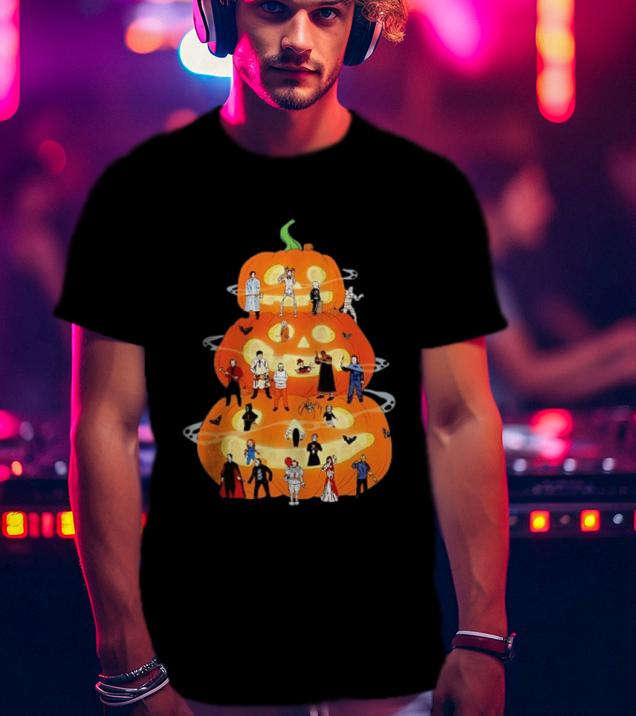 Horror Movie Icons Halloween Pumpkin Stack Villains T-Shirt