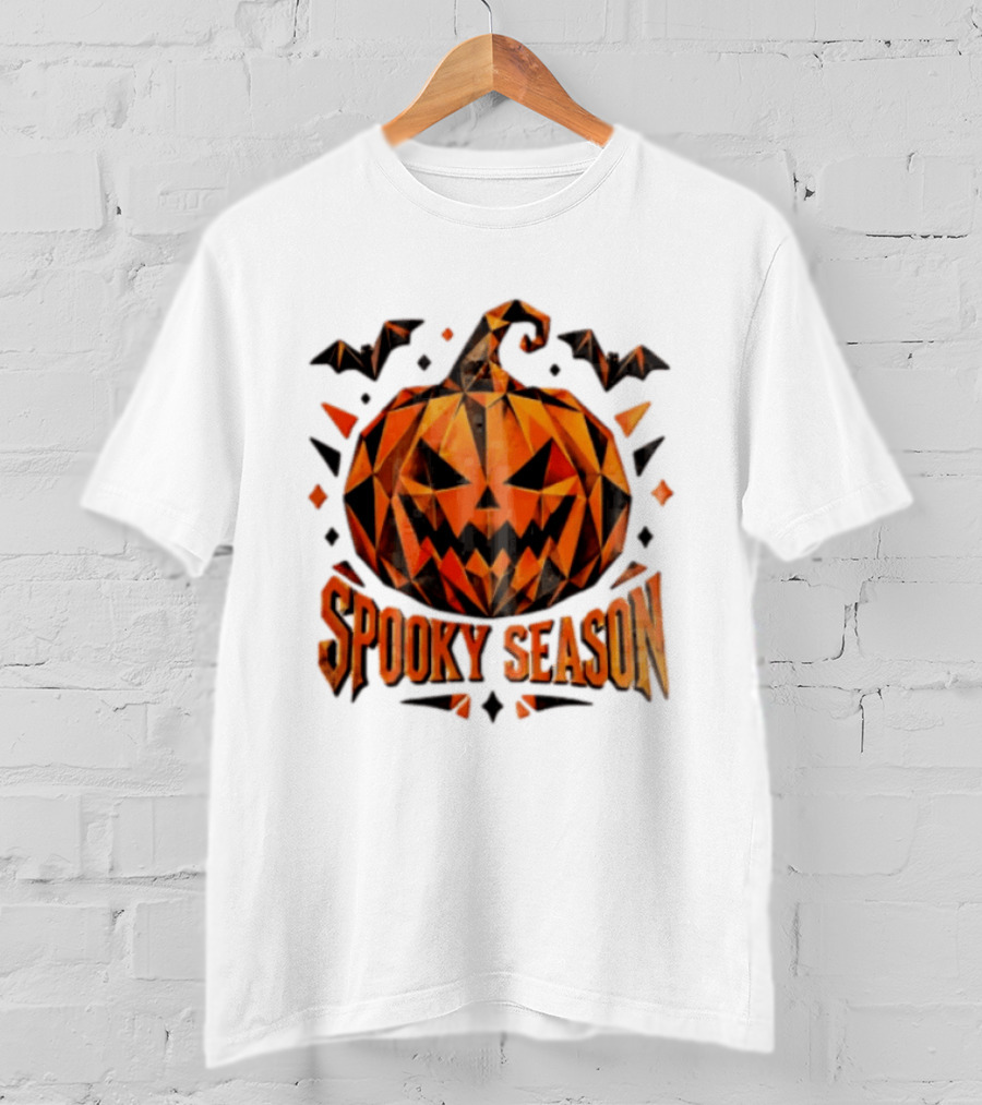Spooky Season Geometric Pumpkin Halloween Bats T-Shirt