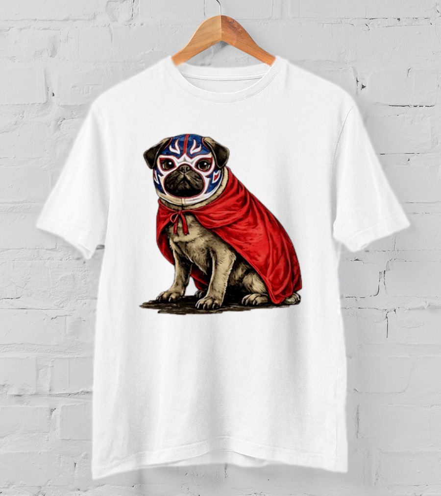 Lucha Libre Pug Red Cape Mexican Wrestling Dog Mask T-Shirt