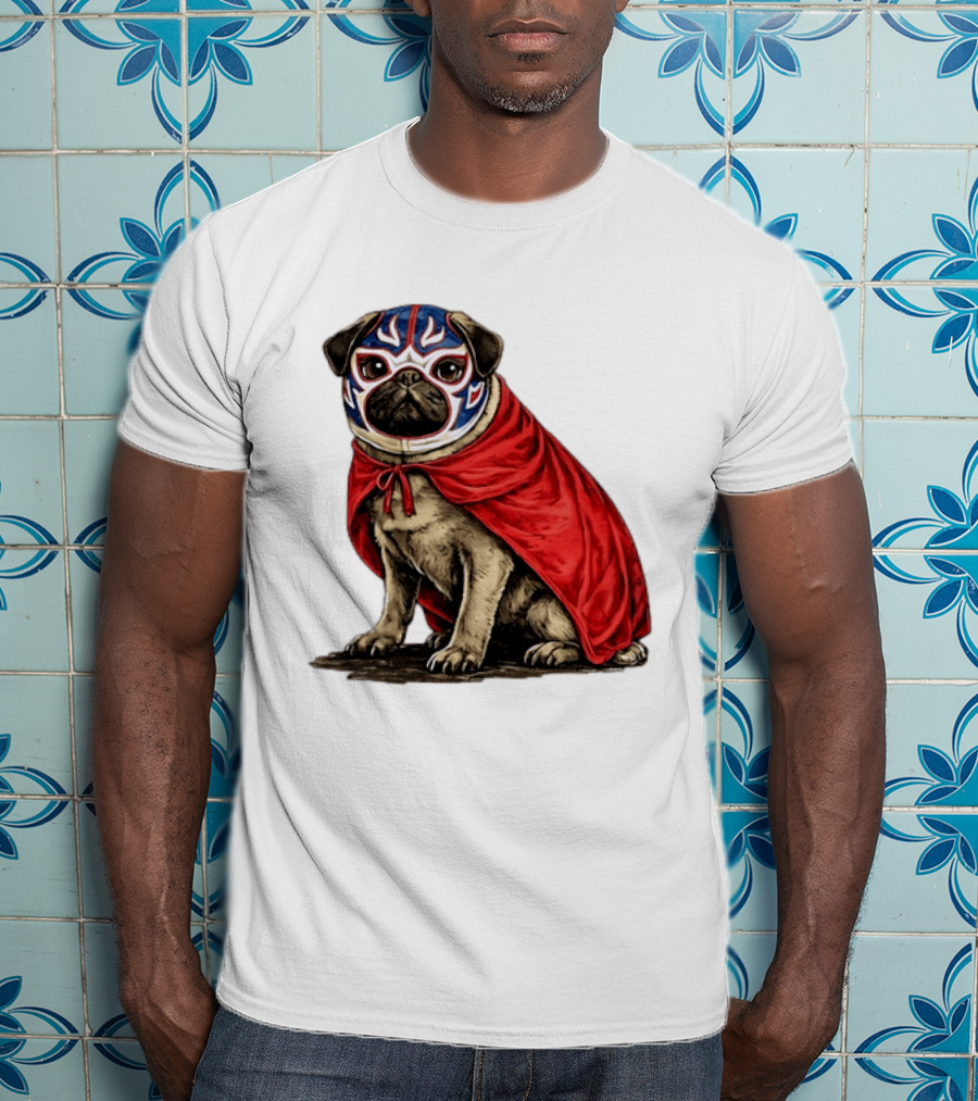 Lucha Libre Pug Red Cape Mexican Wrestling Dog Mask T-Shirt