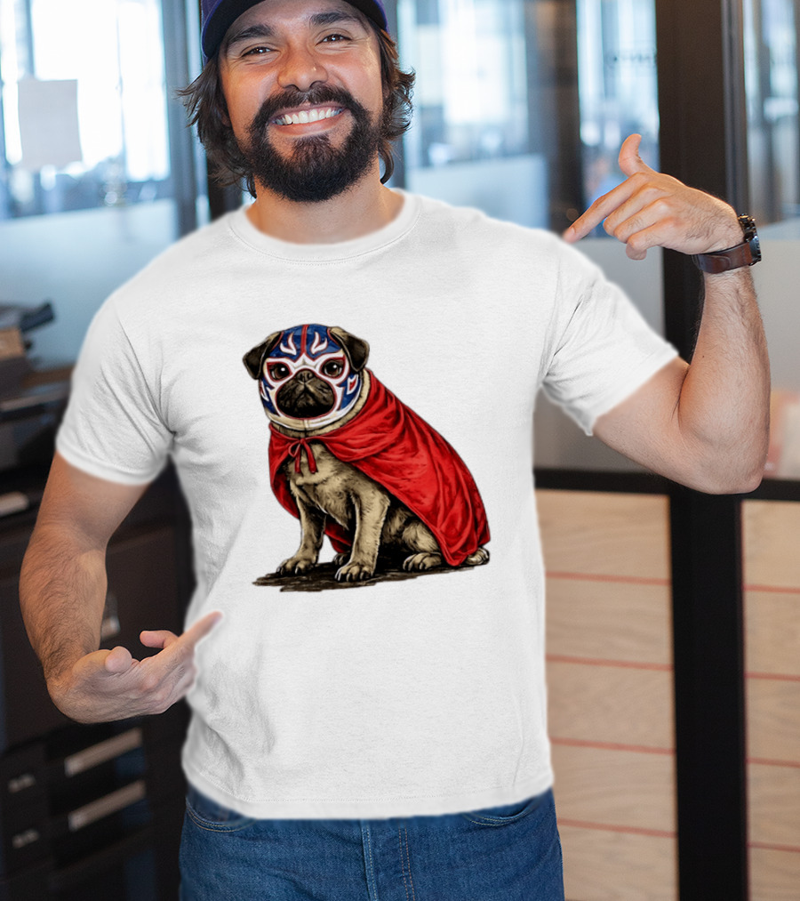 Lucha Libre Pug Red Cape Mexican Wrestling Dog Mask T-Shirt