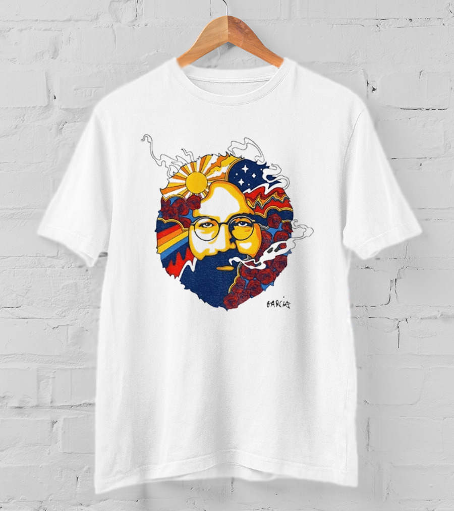 Psychedelic Jerry Garcia Face Sun Waves Stars Roses T-Shirt