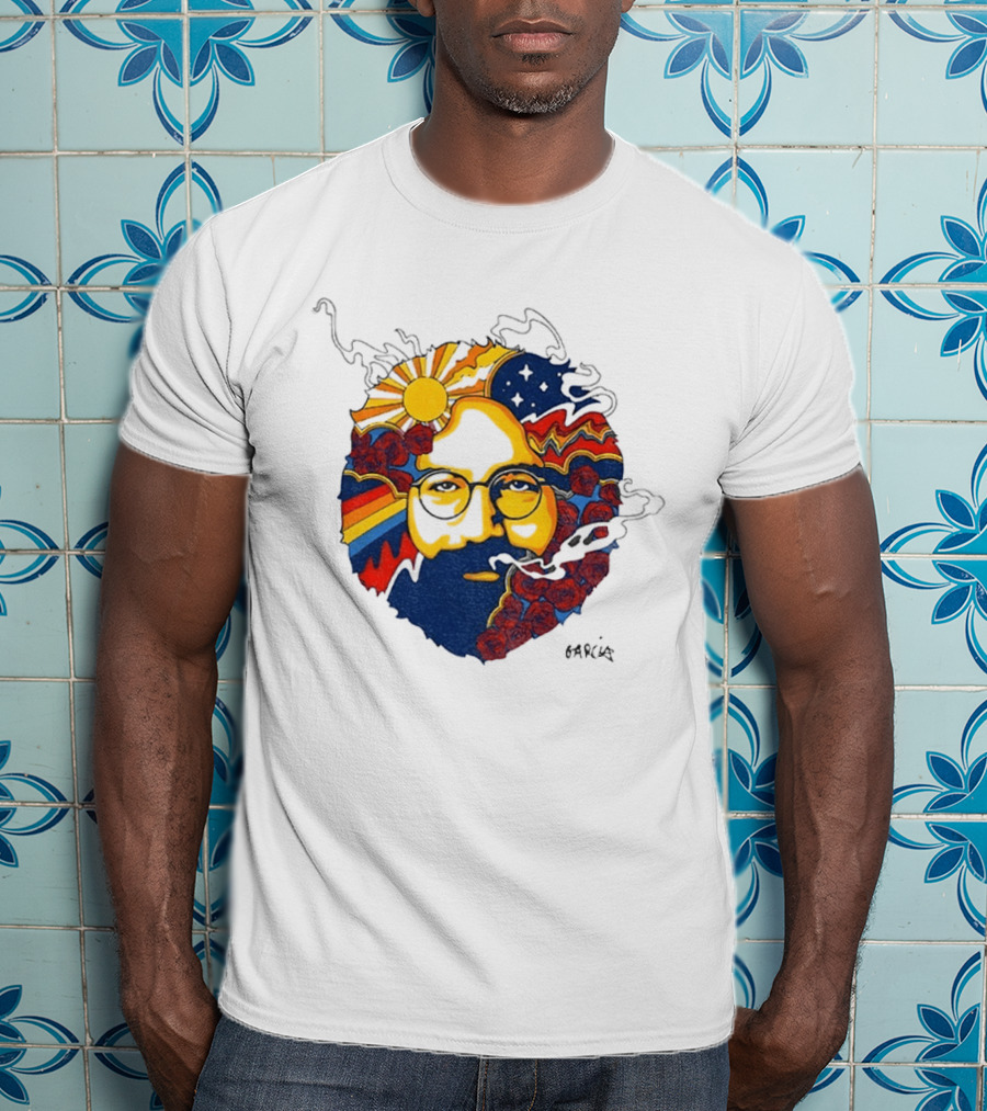 Psychedelic Jerry Garcia Face Sun Waves Stars Roses T-Shirt