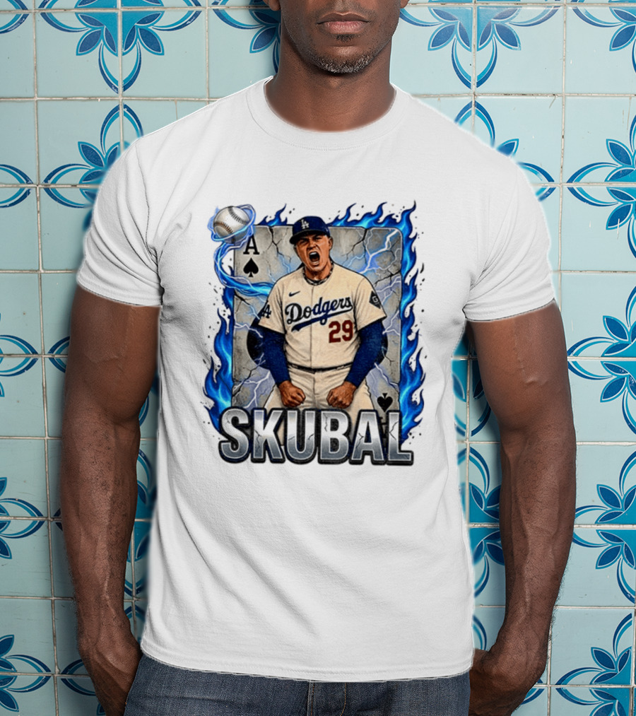 Skubal 29 Dodgers Ace Pitcher Playing Card Flames And Spade T-Shirt