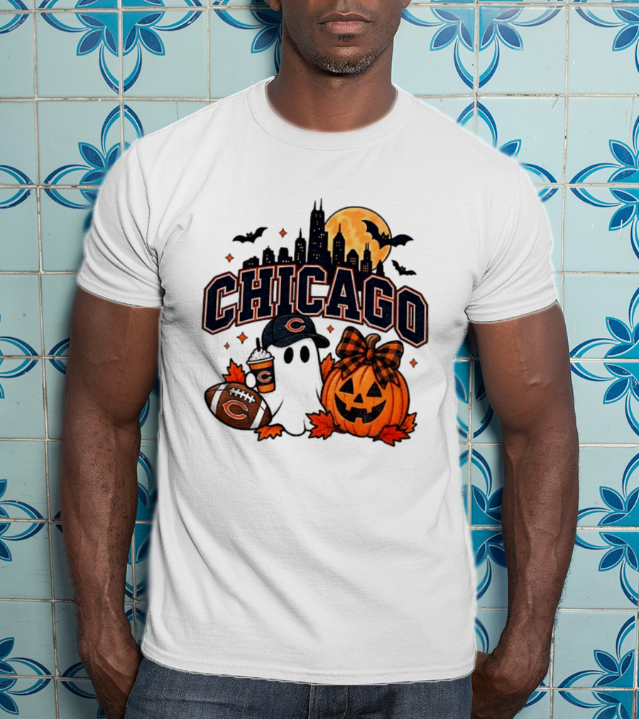 Chicago Bears Halloween Ghost Pumpkin Football Skyline Moon T-Shirt