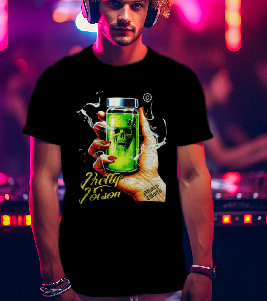 Pretty Poison Misery World Skull Bottle In Hand T-Shirt