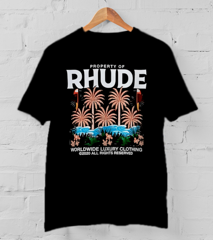 Property Of Rhude Worldwide Luxury Clothing Surfing Palm Trees Ocean Waves T-Shirt
