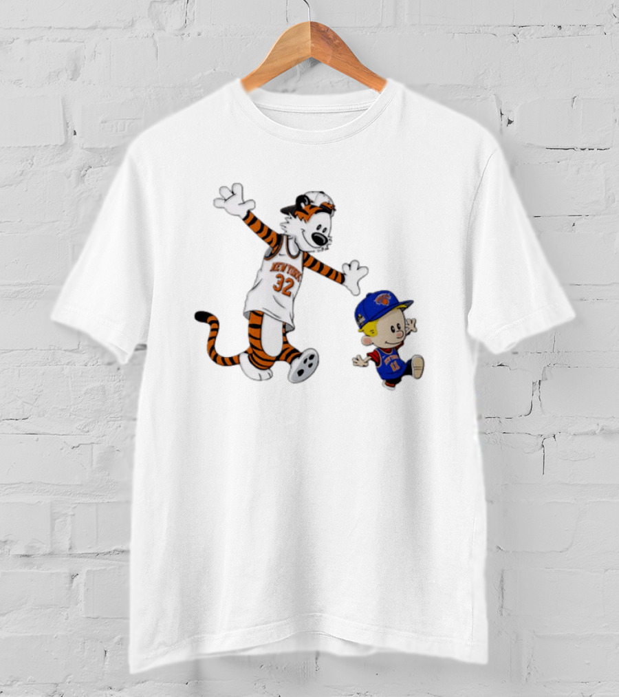 Calvin And Hobbes In New York Knicks NBA Jerseys With Classic Cartoon T-Shirt
