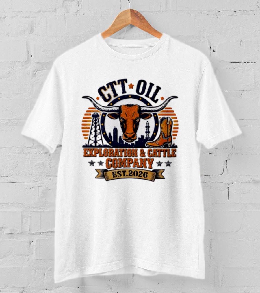 CTT Oil Exploration And Cattle Company Est. 2026 Bull Skull And Cowboy Boot Texans Collage T-Shirt
