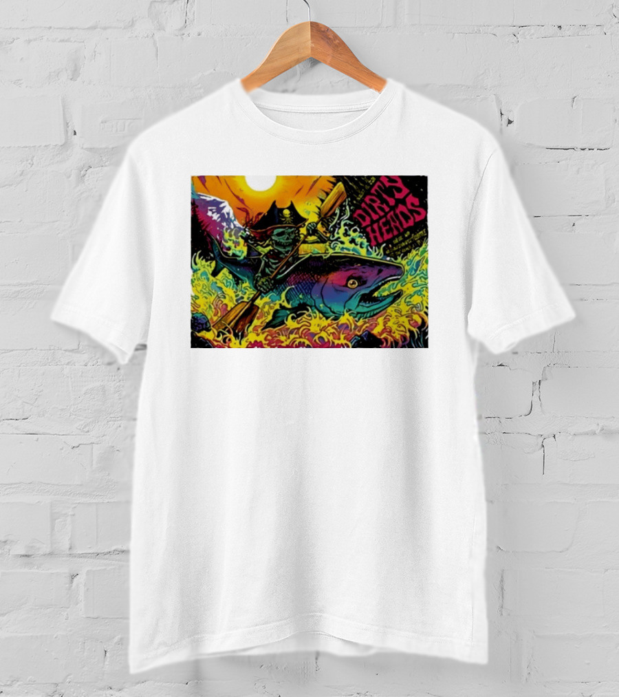 Dirty Heads Pirate Skeleton Kayaking Giant Fish Psychedelic Adventure T-Shirt