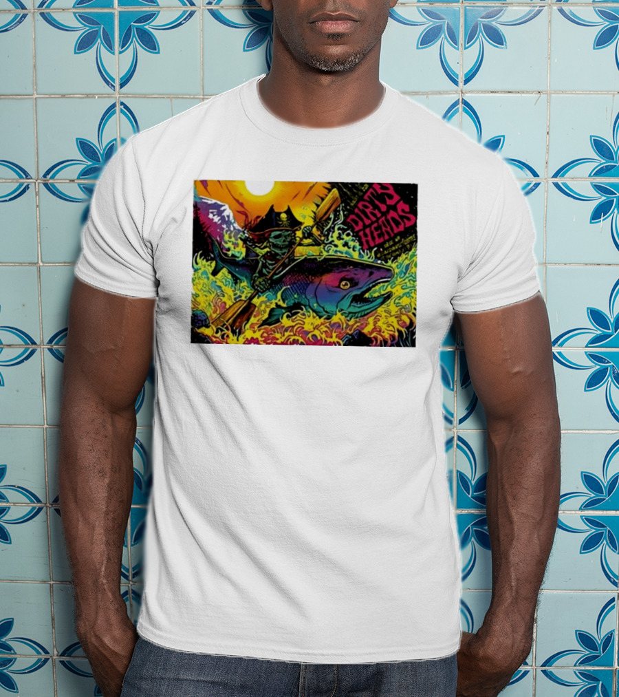 Dirty Heads Pirate Skeleton Kayaking Giant Fish Psychedelic Adventure T-Shirt
