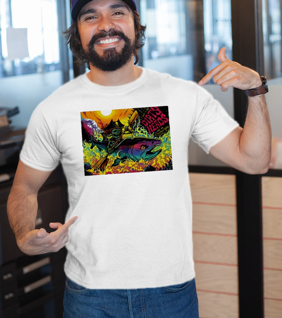 Dirty Heads Pirate Skeleton Kayaking Giant Fish Psychedelic Adventure T-Shirt