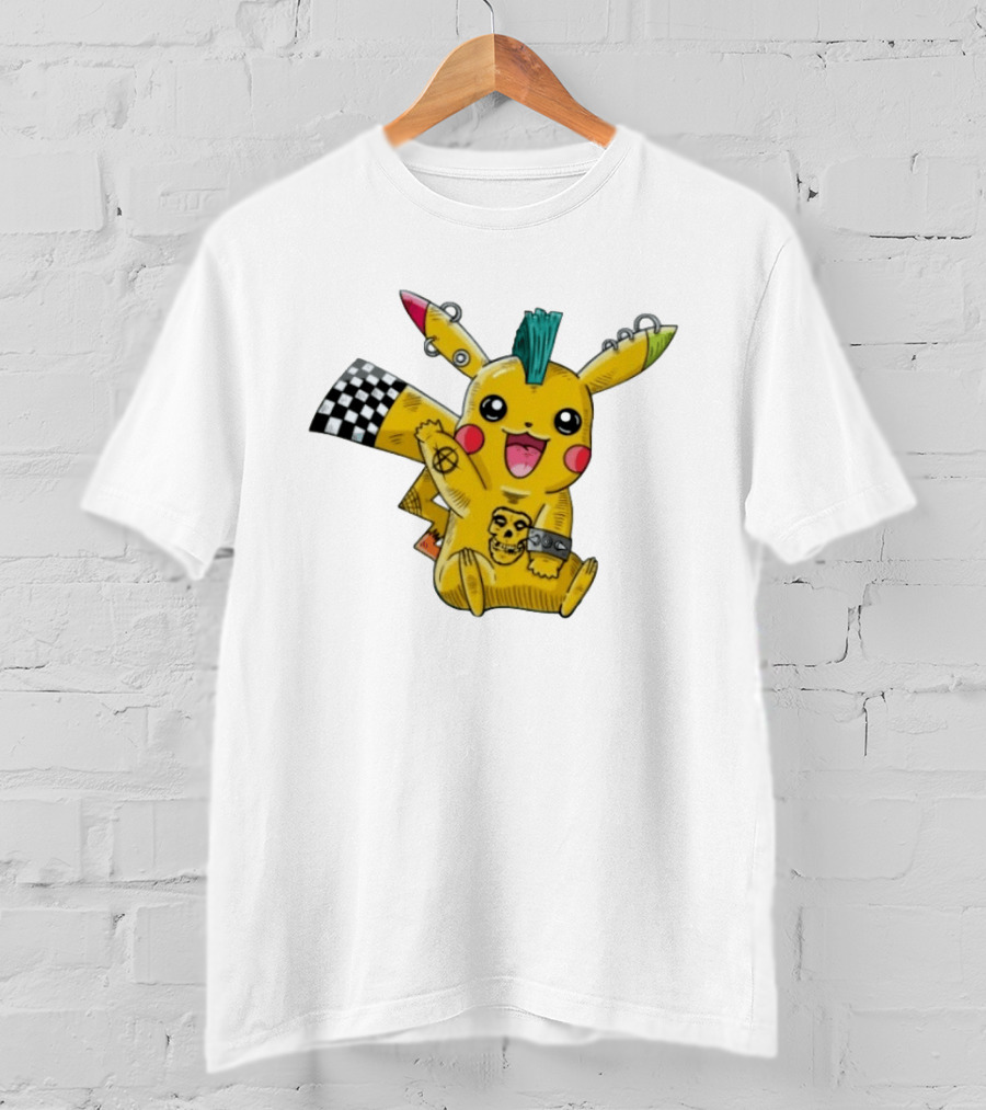 Punkachu Pikachu Mohawk Skull Anarchist Punk Rock Style Checkered Flag Details T-Shirt