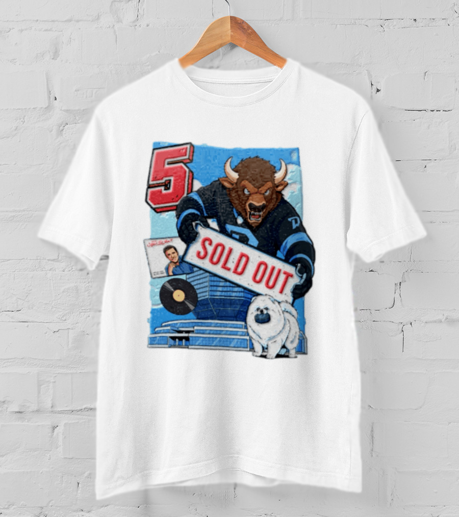 5 Bison Sold Out Sign White Fluffy Dog Holding Puck T-Shirt