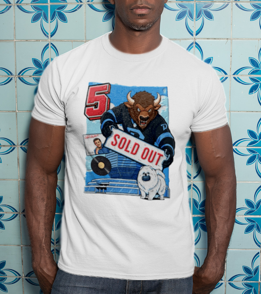 5 Bison Sold Out Sign White Fluffy Dog Holding Puck T-Shirt