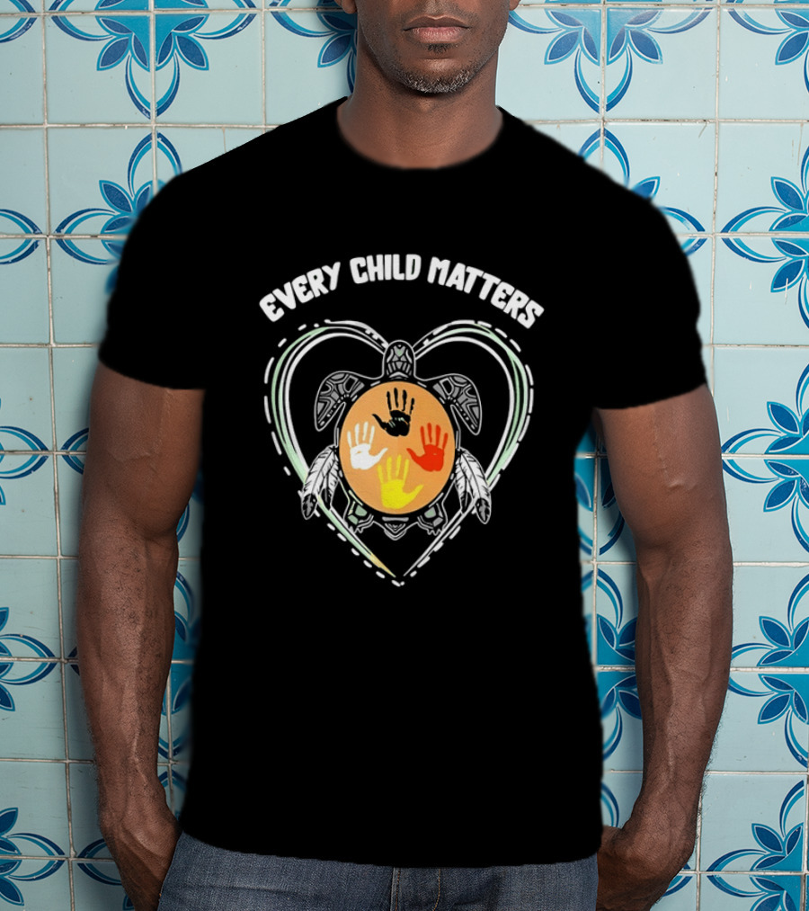 Every Child Matters Turtle Indigenous Handprints Orange Heart T-Shirt