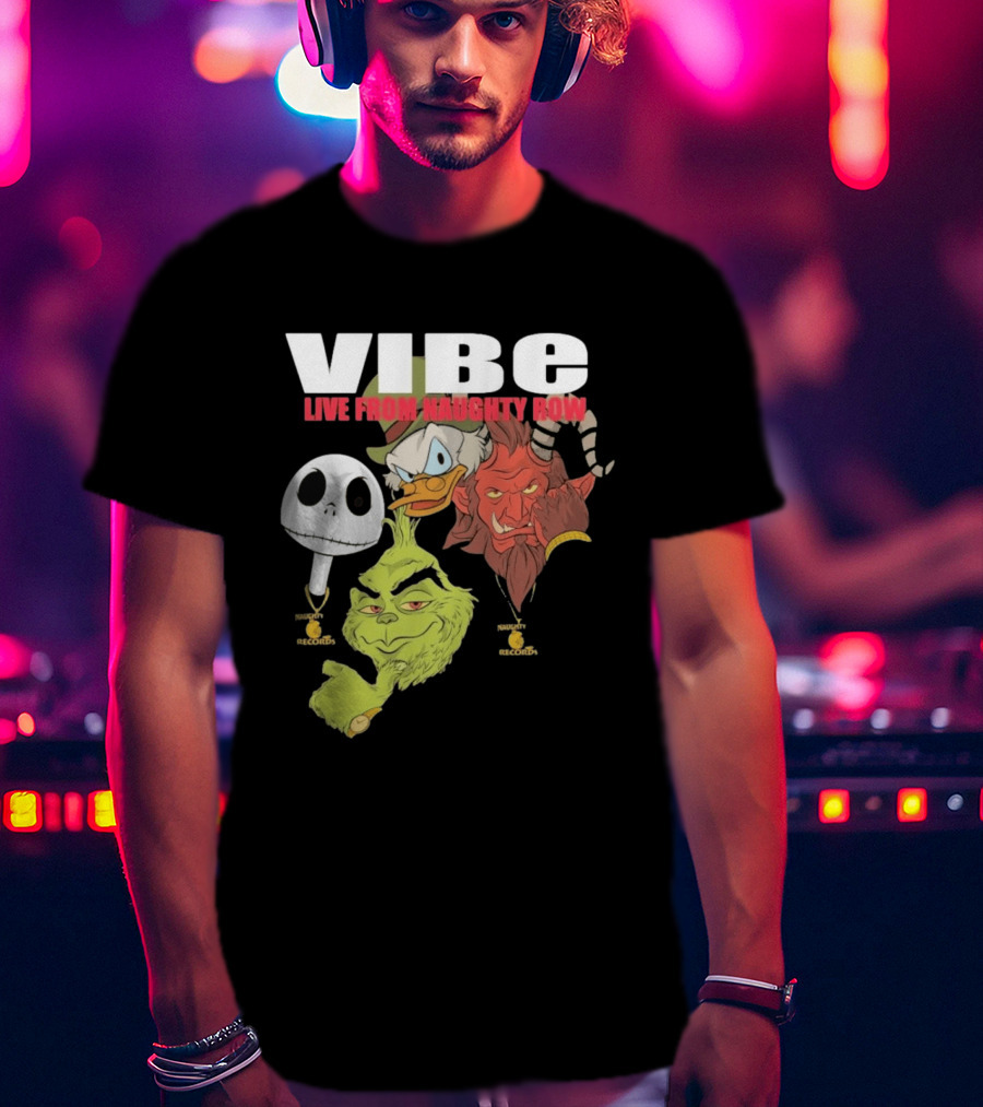 Vibe Live From Naughty Row Grinch Krampus Scrooge Jack Skellington Christmas Naughty Row Records T-Shirt
