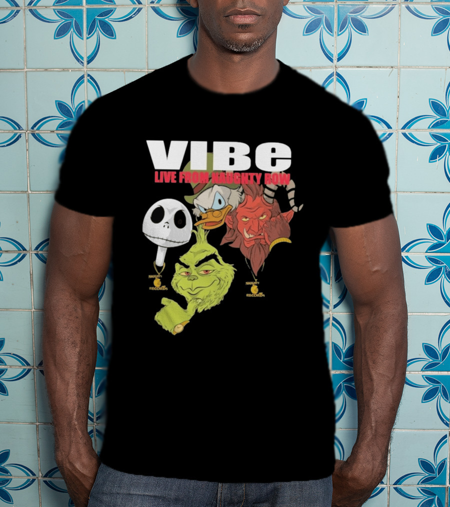 Vibe Live From Naughty Row Grinch Krampus Scrooge Jack Skellington Christmas Naughty Row Records T-Shirt