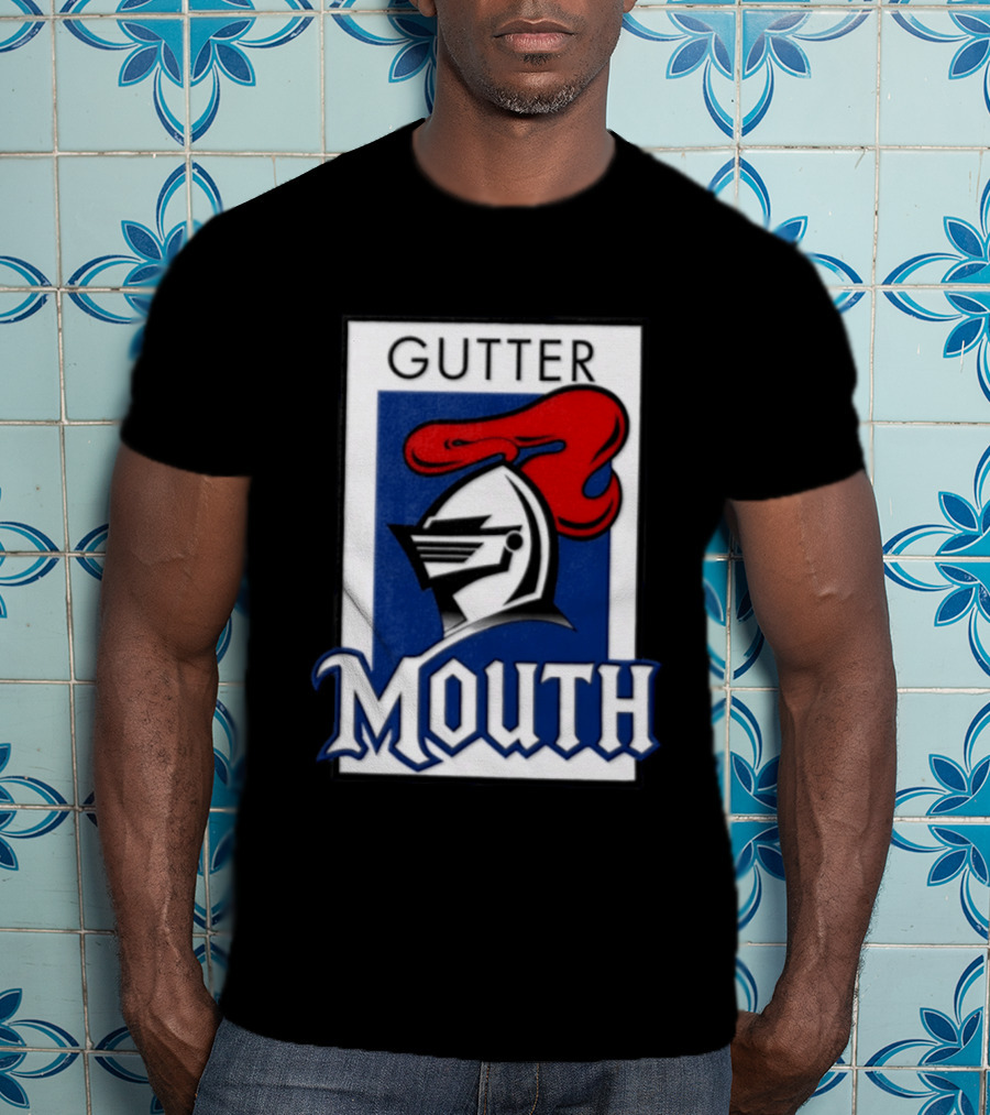 Guttermouth Newcastle Knights Collaboration Rugby League Iconic Helmet Red Blue T-Shirt