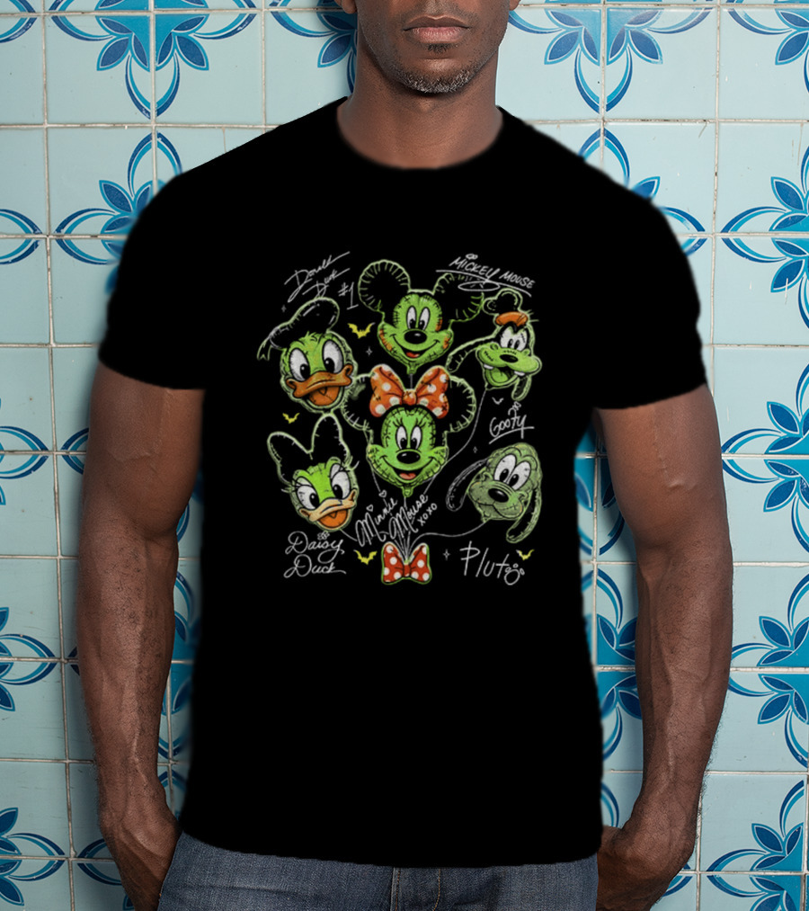 Zoombie Mickey Mouse And Friends Balloons Halloween Donald Duck Goofy Pluto Signatures T-Shirt