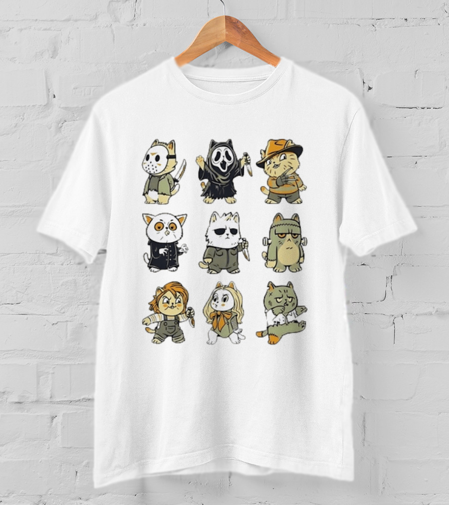 Horror Movie Cats Meowster Party Jason Ghostface Freddy Krueger Halloween T-Shirt