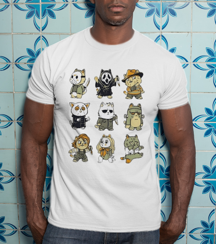 Horror Movie Cats Meowster Party Jason Ghostface Freddy Krueger Halloween T-Shirt