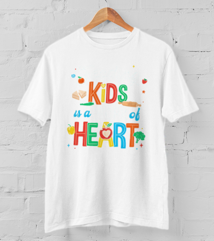 Feeding Kids Is A Work Of Heart Kitchen Tools Colorful Food Items T-Shirt
