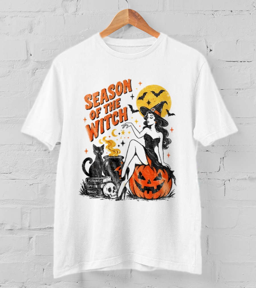 Season Of The Witch Halloween Spooky Season Full Moon Pumpkin Black Cat Bat T-Shirt