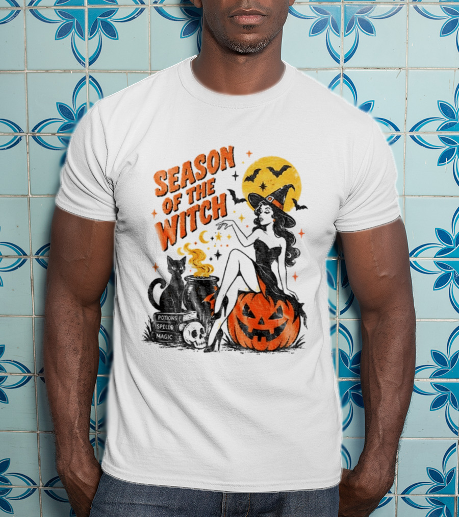 Season Of The Witch Halloween Spooky Season Full Moon Pumpkin Black Cat Bat T-Shirt
