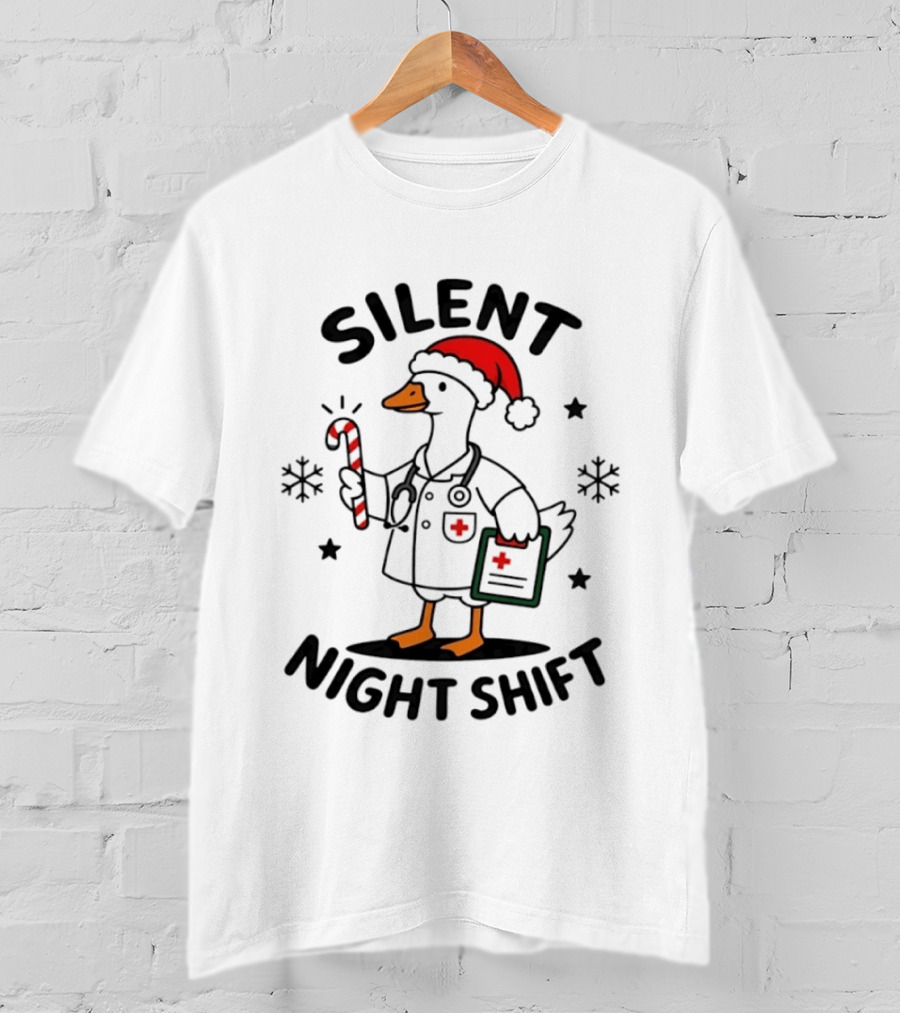 Silent Night Shift Christmas Goose In Santa Hat With Doctor Stethoscope And Candy Cane T-Shirt