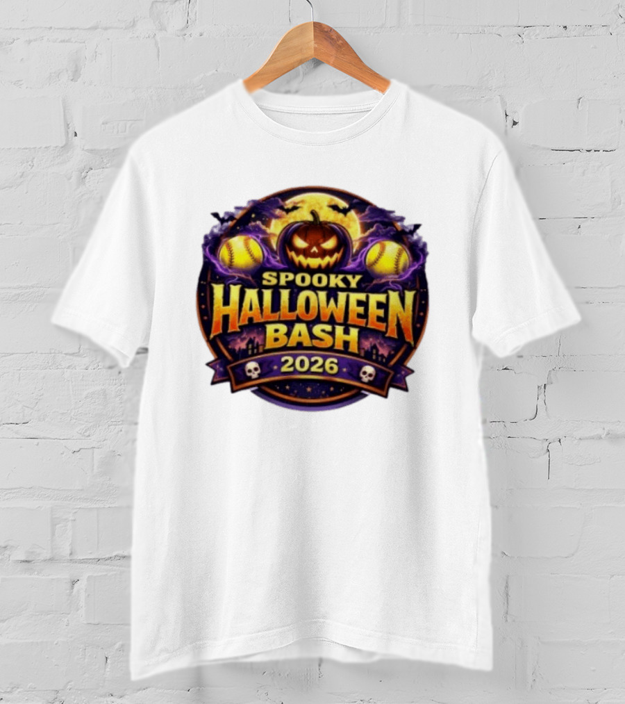 Spooky Halloween Bash 2026 Pumpkin Moonlit Baseball Skulls T-Shirt