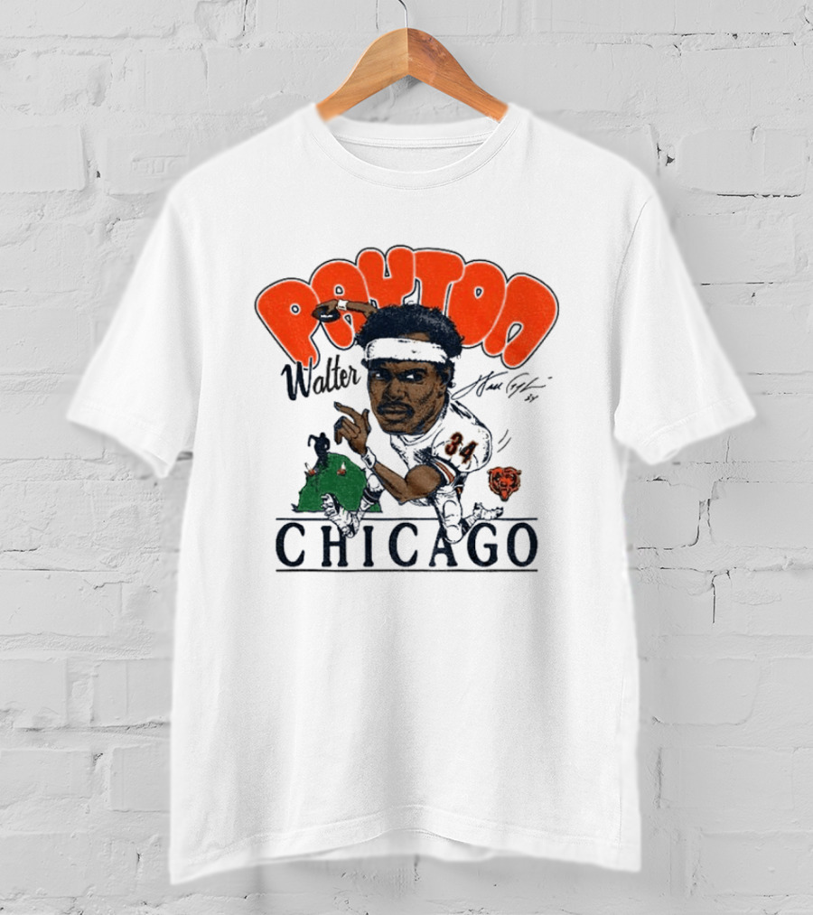 Walter Payton Chicago Bears 34 Caricature Player Signature Drawing T-Shirt