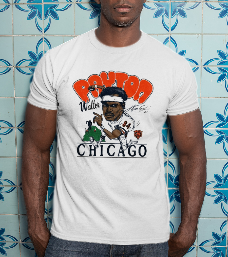 Walter Payton Chicago Bears 34 Caricature Player Signature Drawing T-Shirt